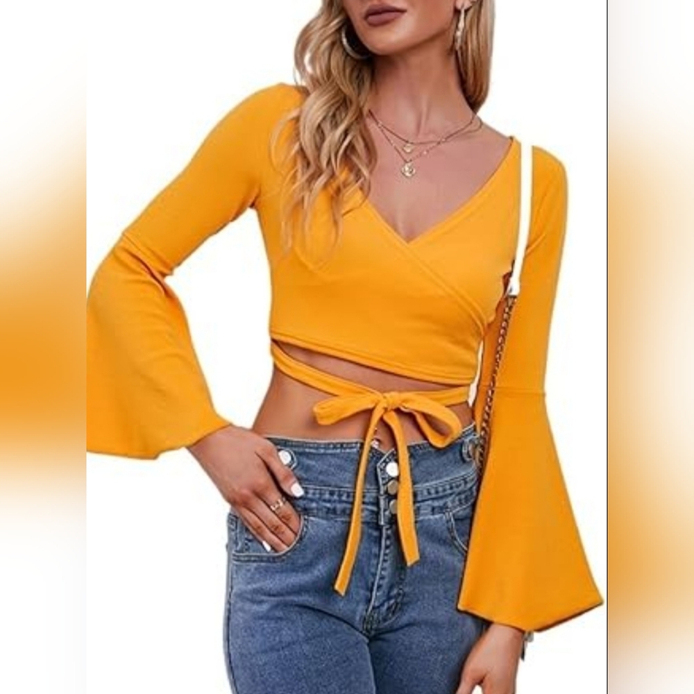 Romwe Mustard Wrap Crop Top